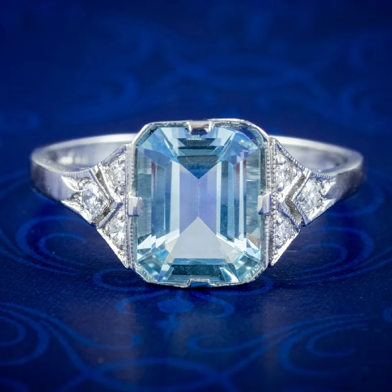 Elegant design rings-Art Deco Style Aquamarine Diamond Ring 2.8ct Aqua