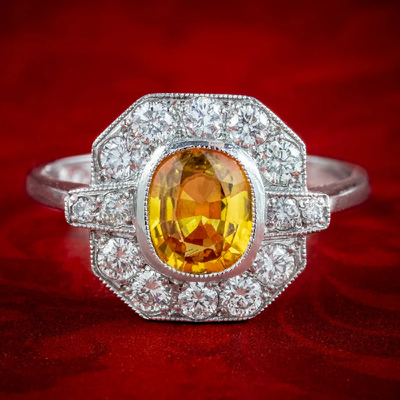 Smooth stone rings-Art Deco Style Yellow Sapphire Diamond Cluster Ring 1.2ct Sapphire