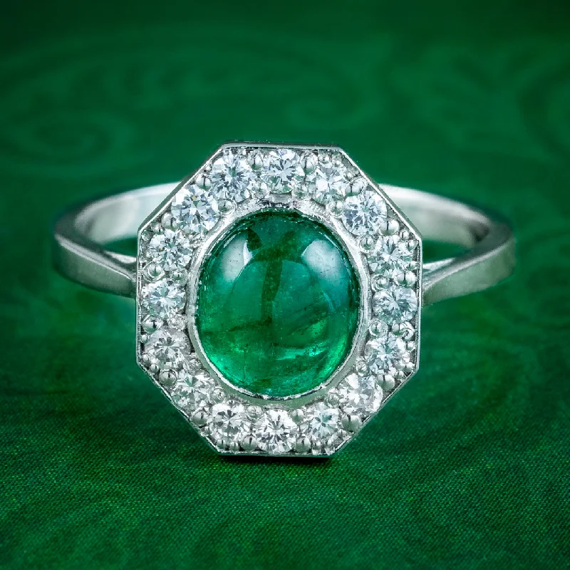 Turquoise cut rings-Antique Art Deco Emerald Diamond Cluster Ring 1.6ct Emerald