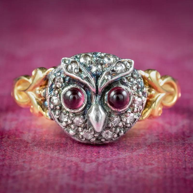 Cotton cord rings-Georgian Style Diamond Owl Ring Garnet Eyes