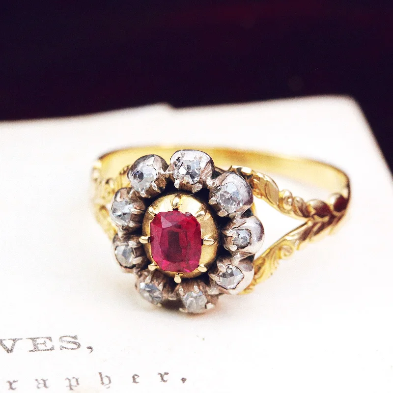 Light filigree rings-Rare Early Victorian Ruby & Diamond Blossom Ring