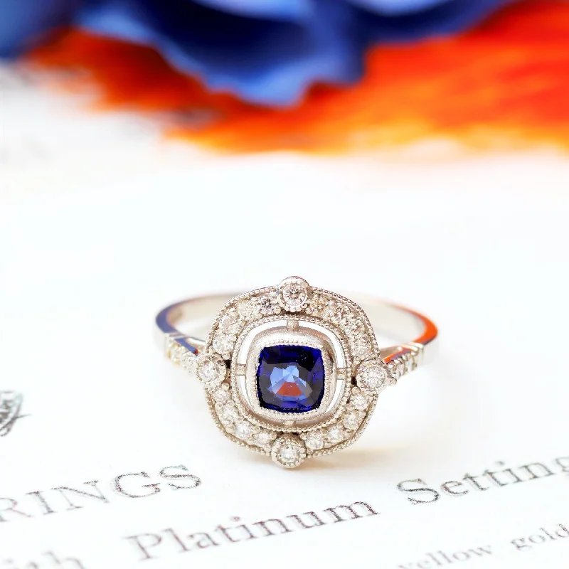 Solid gem rings-Striking Art Deco Style Sapphire & Diamond Cluster Ring