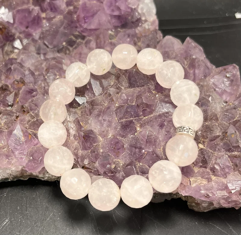 Pink gold bangles-Rose Quartz 12mm Faceted Stretchy Bracelet