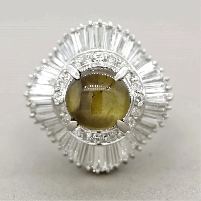 Flat band rings-Cats Eye Chrysoberyl Diamond Platinum Ballerina Cocktail Ring