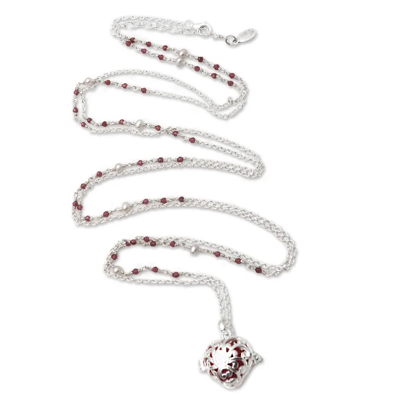 Novica Handmade Angel Lullaby Garnet And Cultured Pearl Harmony Ball Necklace