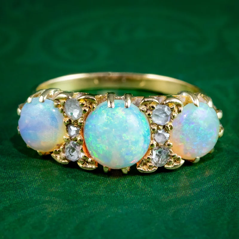 Light filigree rings-Antique Victorian Opal Diamond Ring 3ct Opal