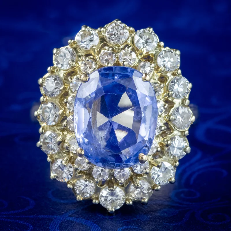 Antique bronze rings-Vintage Ceylon Sapphire Diamond Cluster Ring 4.29ct Sapphire With Cert