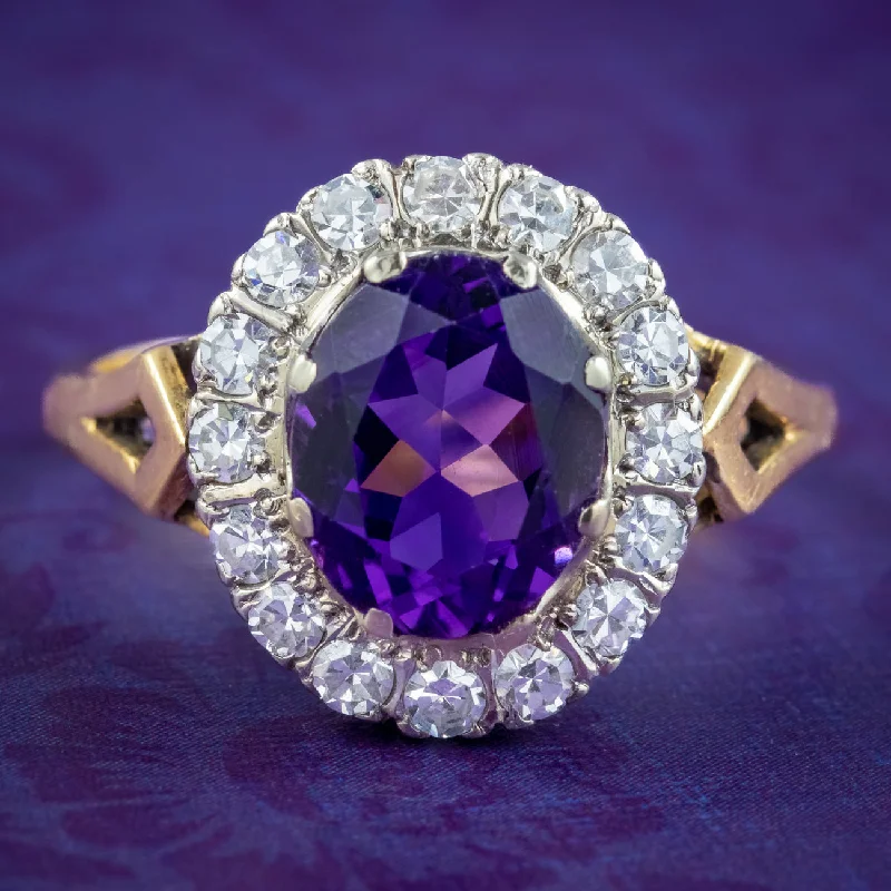 Citrine stone rings-Vintage Amethyst Diamond Cluster Ring 2.5ct Amethyst