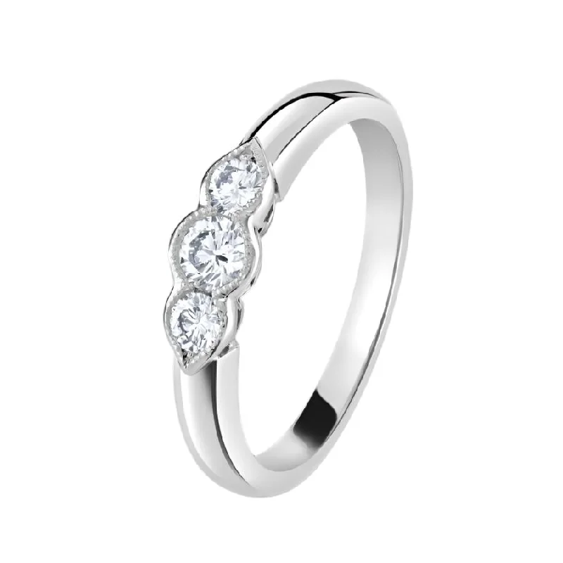 Beaded rim engagement rings-Platinum Millegrain Set Round Brilliant Cut Diamond Trilogy Ring