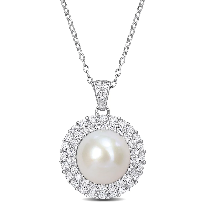 Miadora 11-12mm Cultured Freshwater Pearl 2 3/8ct TGW Cubic Zirconia Halo Necklace Sterling Silver