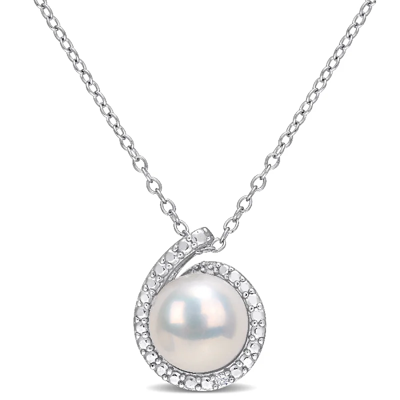 Miadora Sterling Silver Cultured Freshwater Pearl & Diamond Accent Beaded Halo Necklace (8-8.5mm)