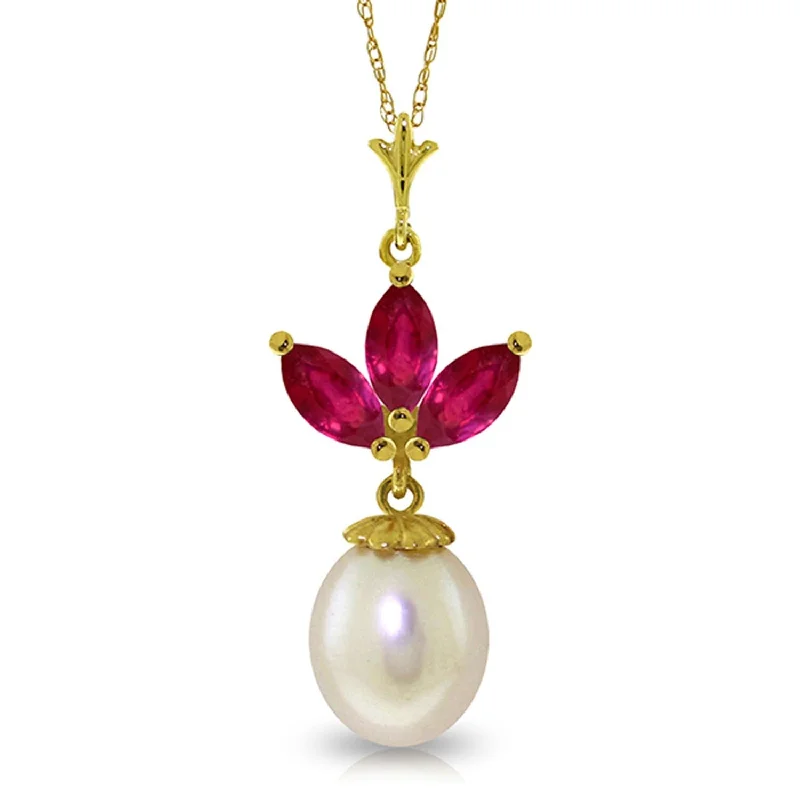 4.75 Carat 14K Solid Gold Necklace Natural Gemstone Pearl Ruby