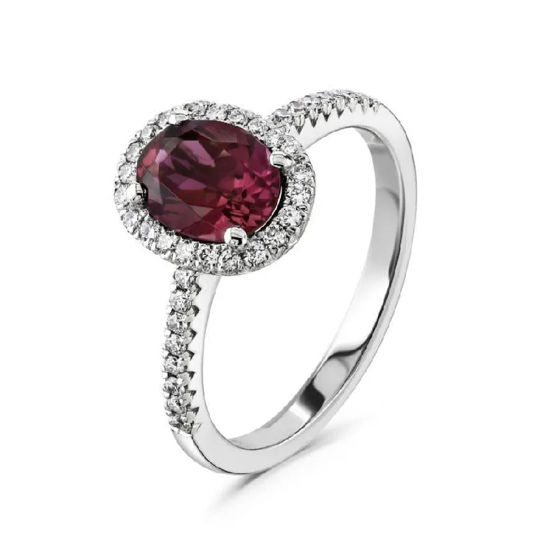 Secure clasp engagement rings-18ct White Gold Oval Cut Pink Tourmaline & Diamond Halo Cluster Ring with Diamond Shoulders