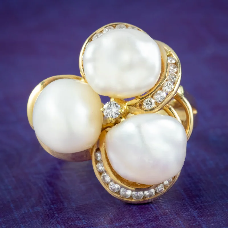 Sleek design rings-Vintage Natural Baroque Pearl Diamond Cluster Ring