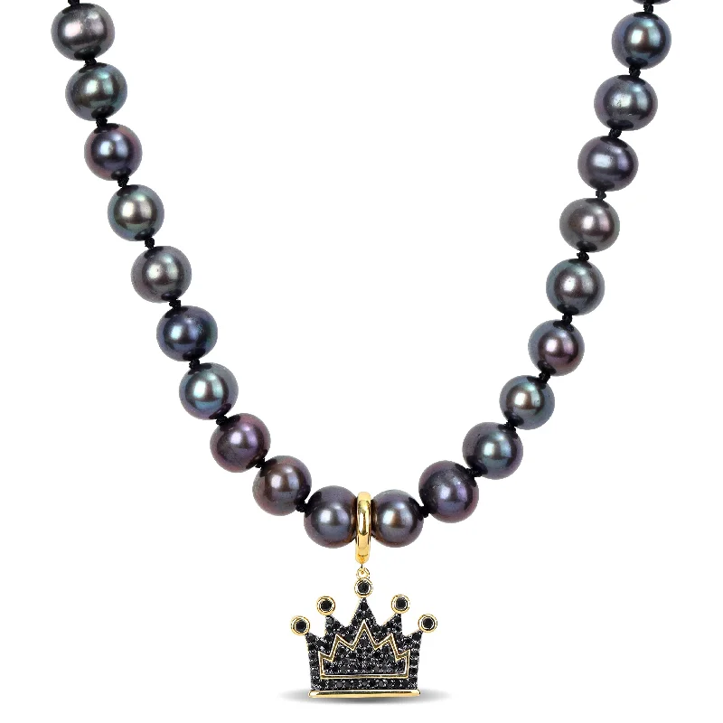 Miadora Mens 7mm Black Cultured Freshwater Pearl and Black Diamond Crown Necklace Yellow Silver