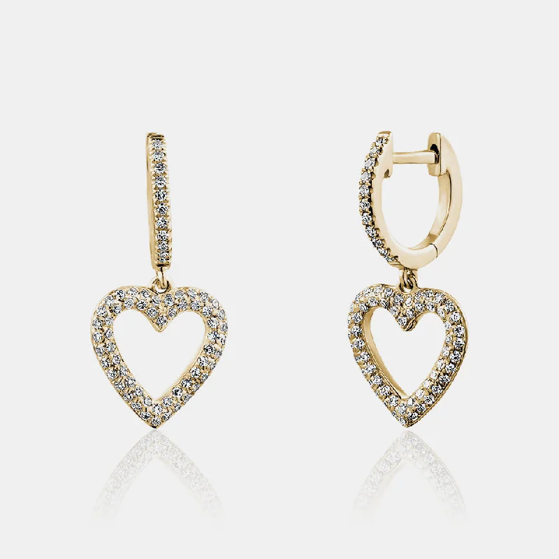 Surf design earrings-Dangling Diamond Open Heart Huggies