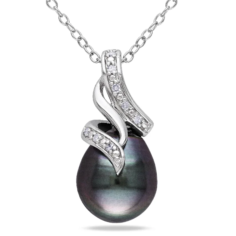 9-10 MM Tahitian Cultured Pearl Diamond Swirl Drop Necklace in Sterling Silver by Miadora - 21.8 mm x 18 inch x 11.4 mm