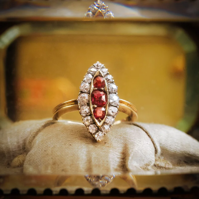 Citrine stone rings-Nicely Nostalgic Antique Navette Ruby and Diamond Ring