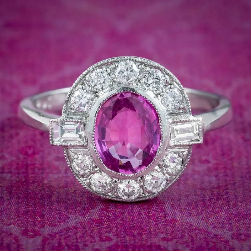 Multi-gem rings-Art Deco Style Pink Sapphire Diamond Cluster Ring 1ct Sapphire