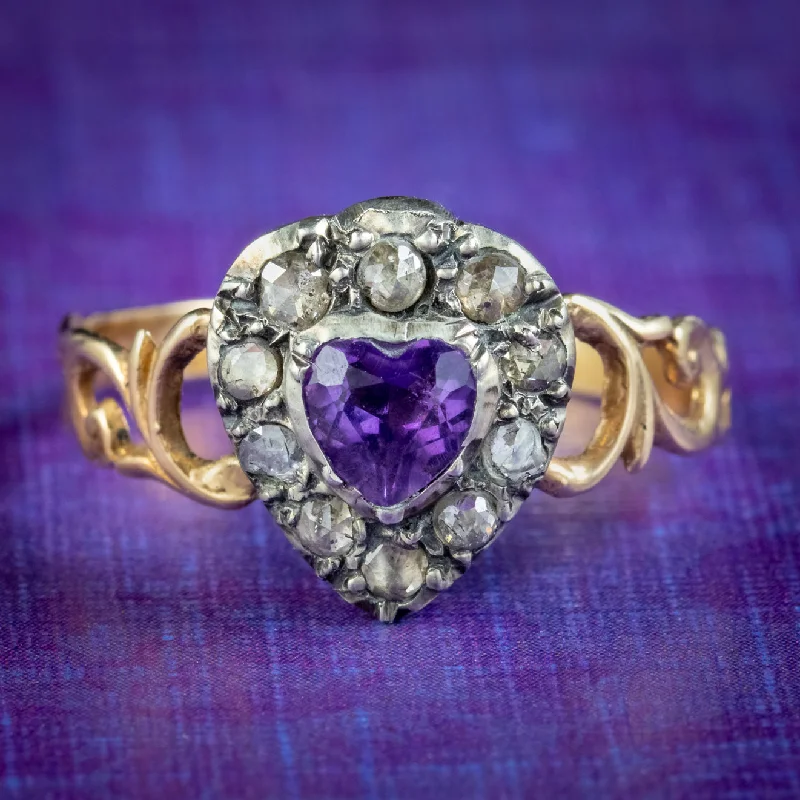 Glossy band rings-Georgian Style Amethyst Diamond Heart Ring