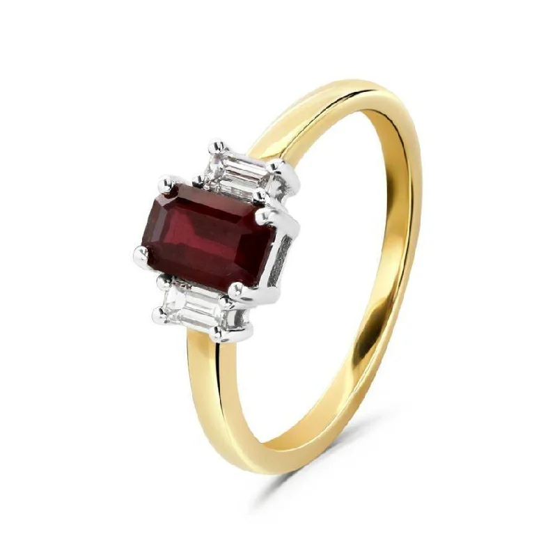 Spinel engagement rings-18ct Yellow Gold Octagonal Cut Ruby & Baguette Cut Diamond Trilogy Ring