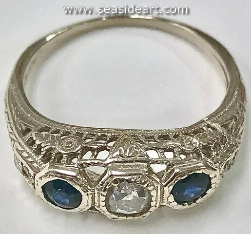 Polished bead rings-Sapphire & Diamond Lady's 14K White Gold Ring