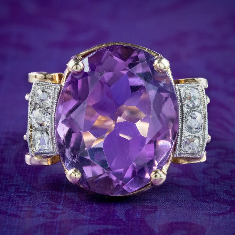 Carved name rings-Vintage Amethyst Diamond Cocktail Ring 16ct Amethyst