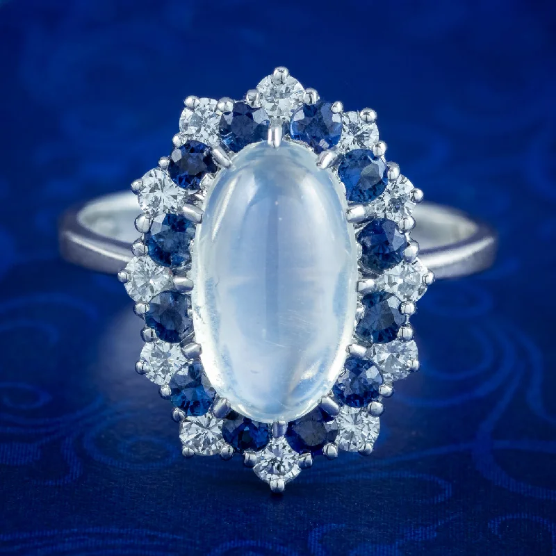 Vivid druzy rings-Vintage Moonstone Sapphire Diamond Cluster Ring 3.75ct Moonstone