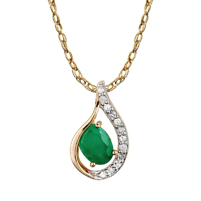 Viducci 10k Yellow Gold Genuine Oval Emerald and Diamond Halo Drop Pendant Necklace