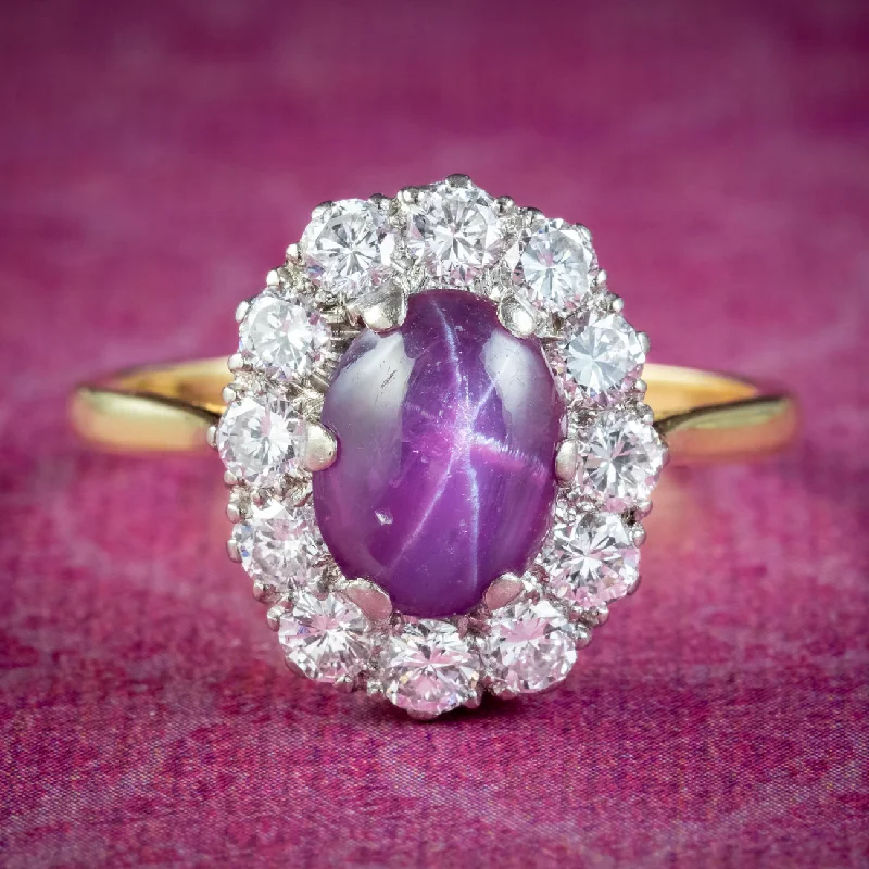 Lily rings-Antique Edwardian Star Ruby Diamond Ring 1.8ct Cabochon Ruby