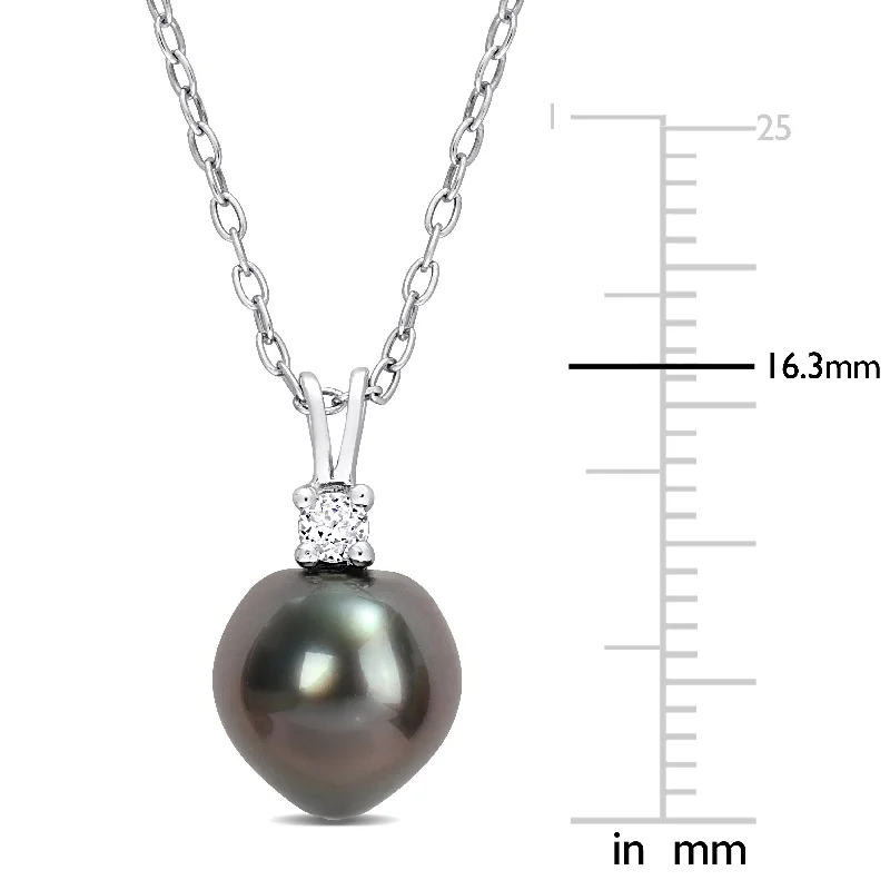 Miadora 8-9mm Black Tahitian Cultured Pearl 1/10 CT TGW White Topaz Necklace Sterling Silver