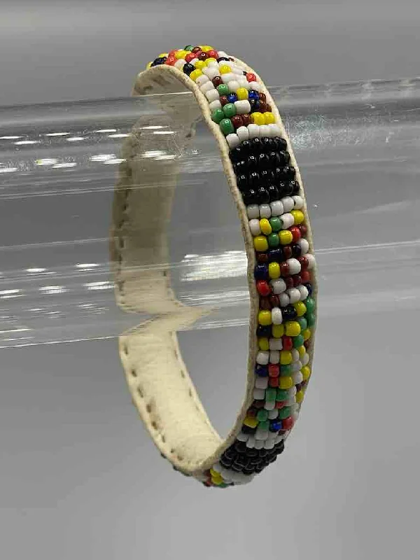 Daisy motif bangles-Multicolor Black Band Design Narrow Beaded Leather Bracelet - Mali