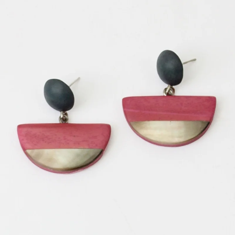 Smooth drop earrings-Pink Wood and Shell Half Moon Earrings