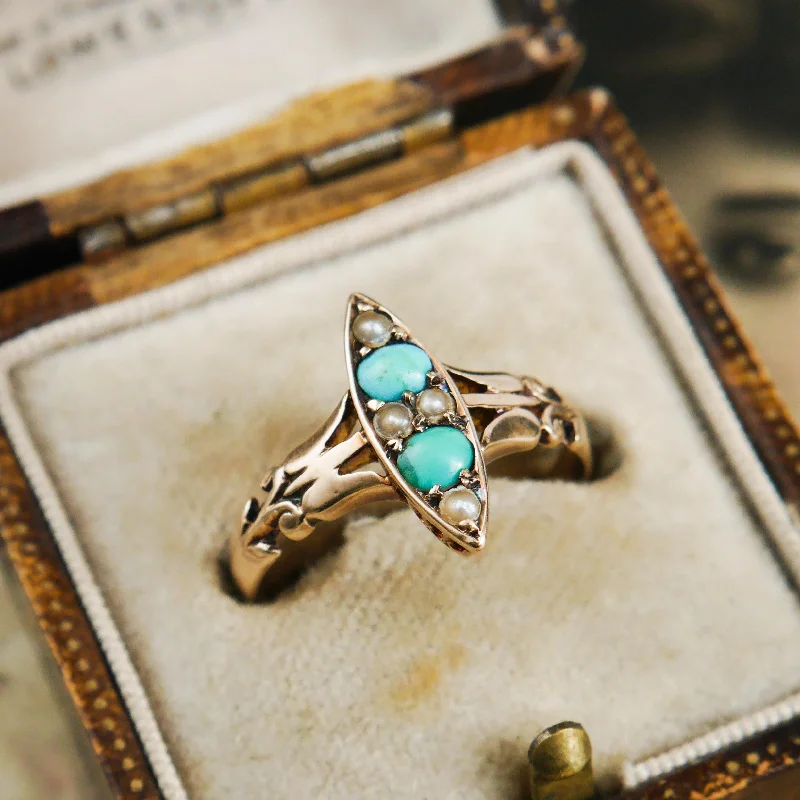 Petite flower rings-Poetic Art Nouveau Turquoise & Seed Pearl Ring