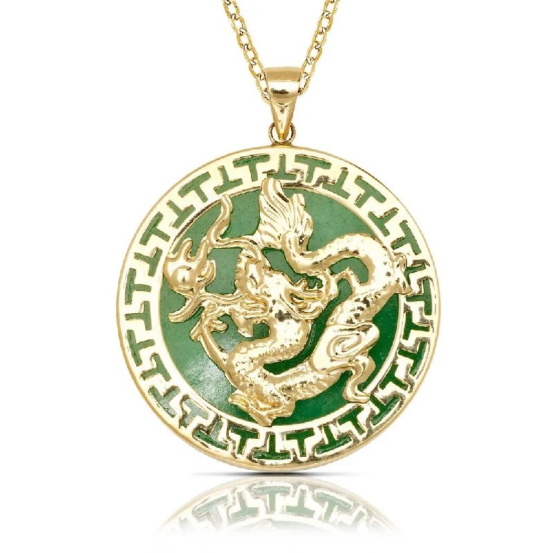 Curata 14k Yellow Gold 18-inch Jade Large Dragon Circle Pendant Necklace (26mm x 32mm)