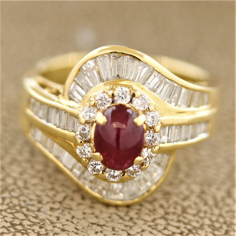 Flat twist rings-Ruby Diamond Gold Spiral Ring