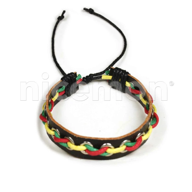 Smooth form bangles-Rasta Black Leather Bracelet Wrist Band Hippie Hawaii Dub Ras Reggae Marley RGY