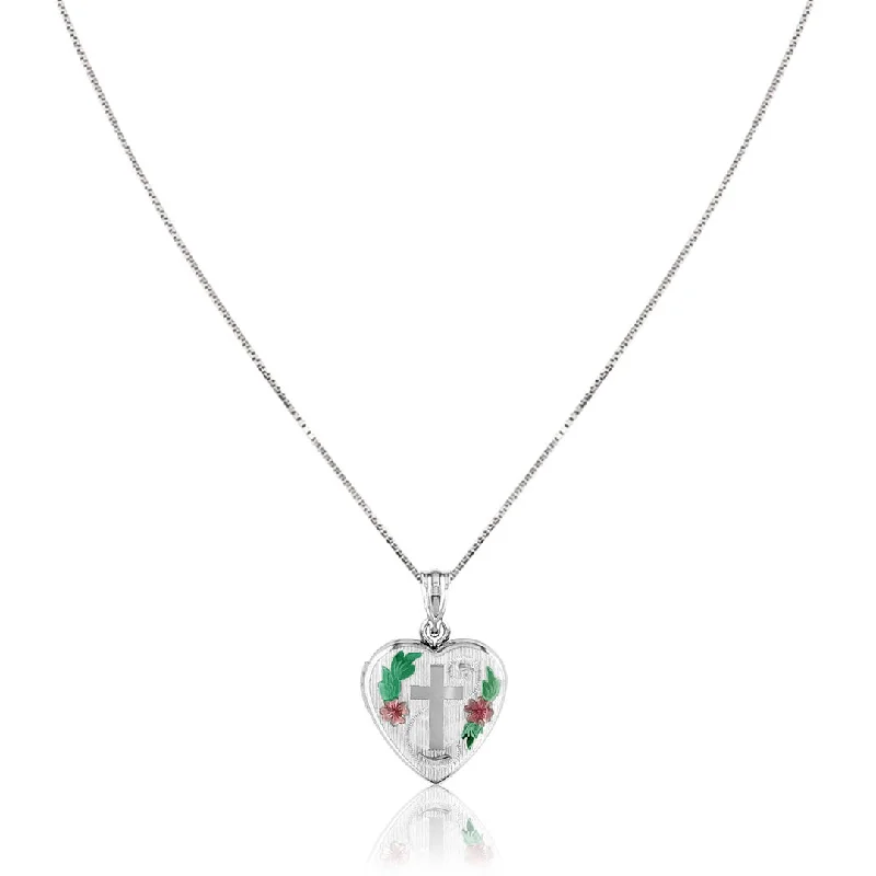 Sterling silver cross locket necklace with enamel