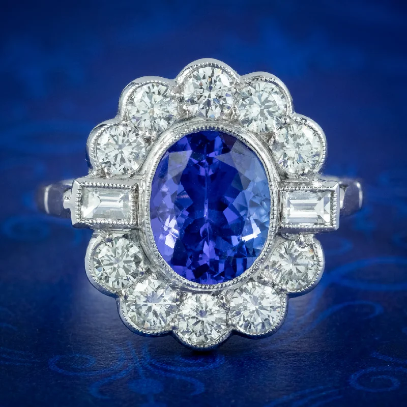 Fine thread rings-Art Deco Style Tanzanite Diamond Cluster Ring 2.1ct Tanzanite