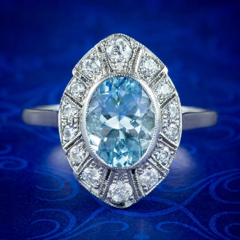 Etched name rings-Art Deco Style Aquamarine Diamond Cluster Ring 1.5ct Aqua