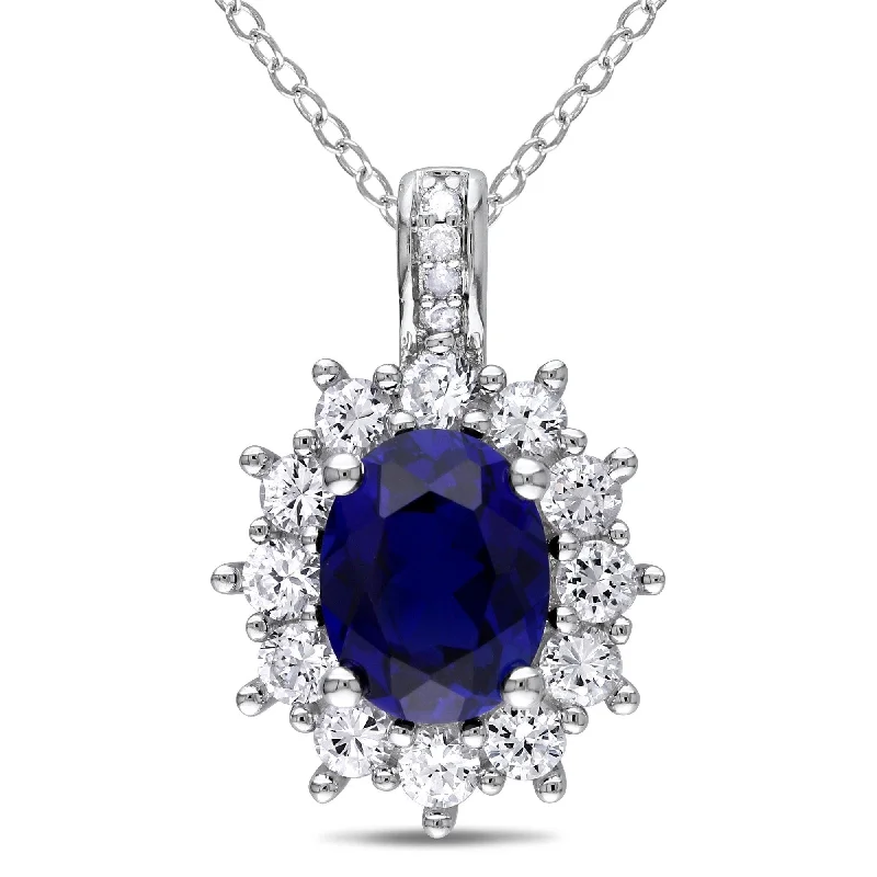 Miadora Sterling Silver Created Blue and White Sapphires and Diamond Accent Halo Necklace (G-H, I2-I3)