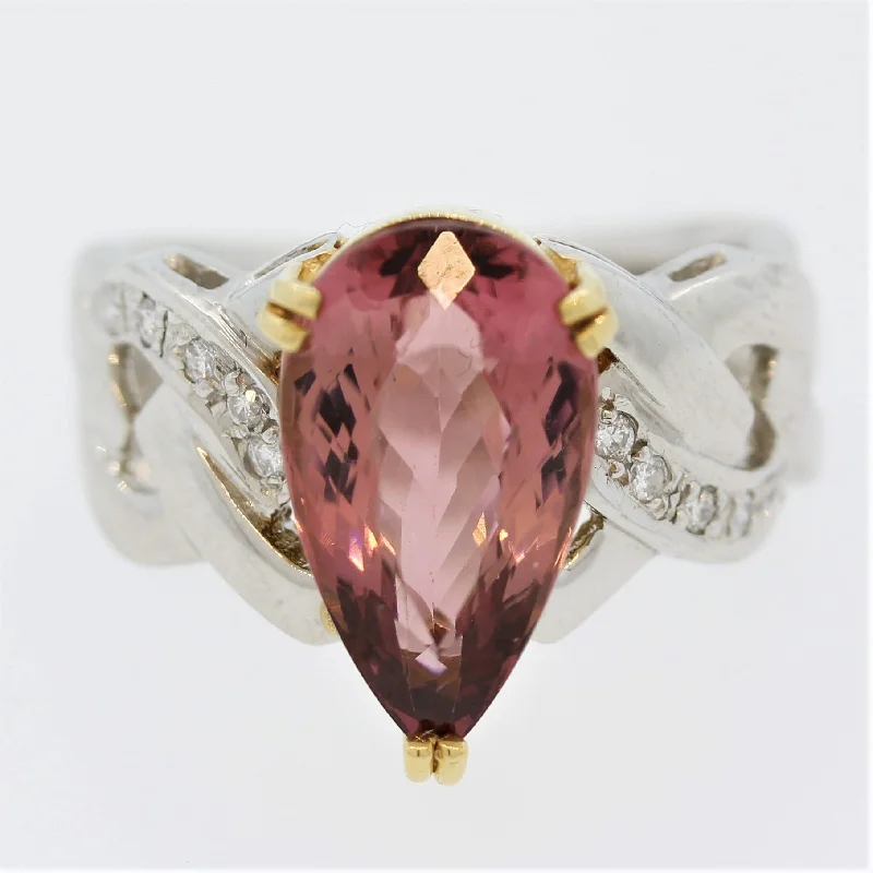 Cord edge rings-Pink Tourmaline Diamond Platinum & Gold Ring