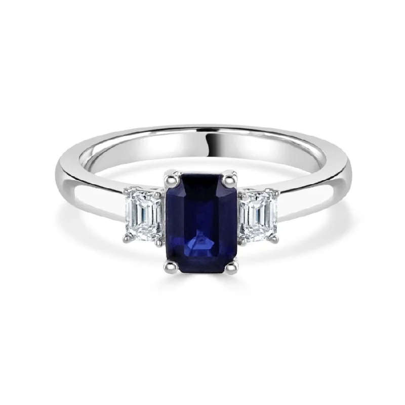 Oval marquise engagement rings-Platinum Octagonal Cut Sapphire & Diamond Trilogy Ring