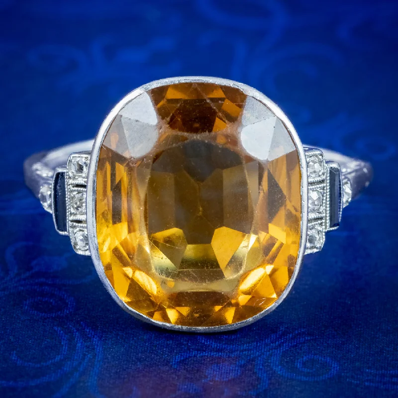 Heavy gem rings-Art Deco Citrine Sapphire Diamond Ring 8ct Citrine