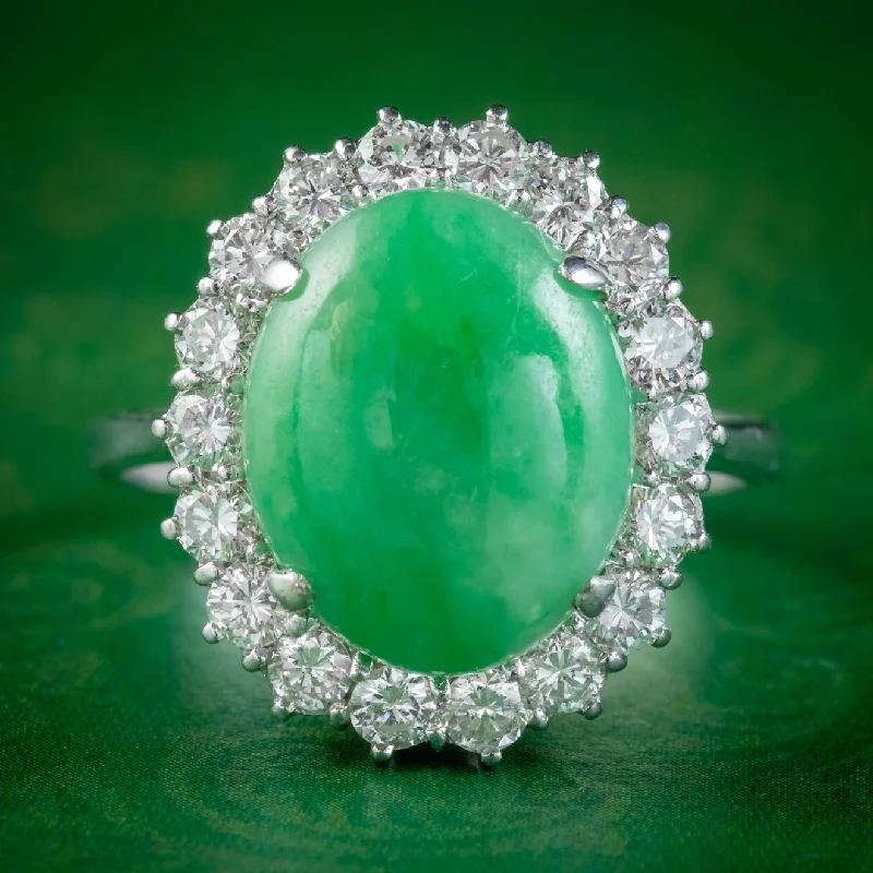 Bow motif rings-Vintage Jade Diamond Cluster Ring 18ct White Gold 8ct Jade 1.50ct Of Diamond