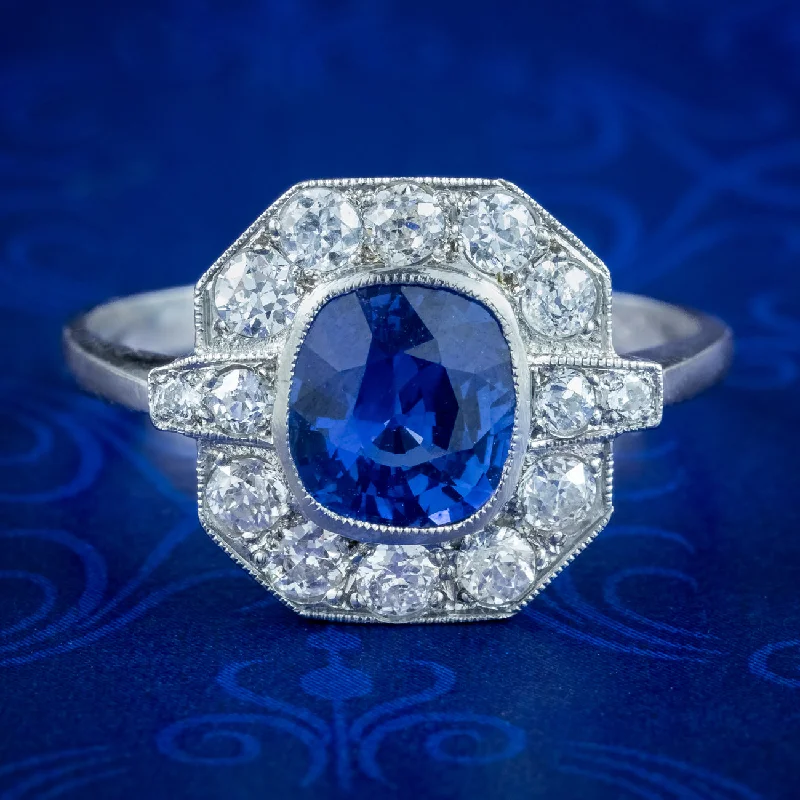 Tight clasp rings-Art Deco Style Blue Sapphire Diamond Cluster Ring Platinum 1.40Ct Sapphire