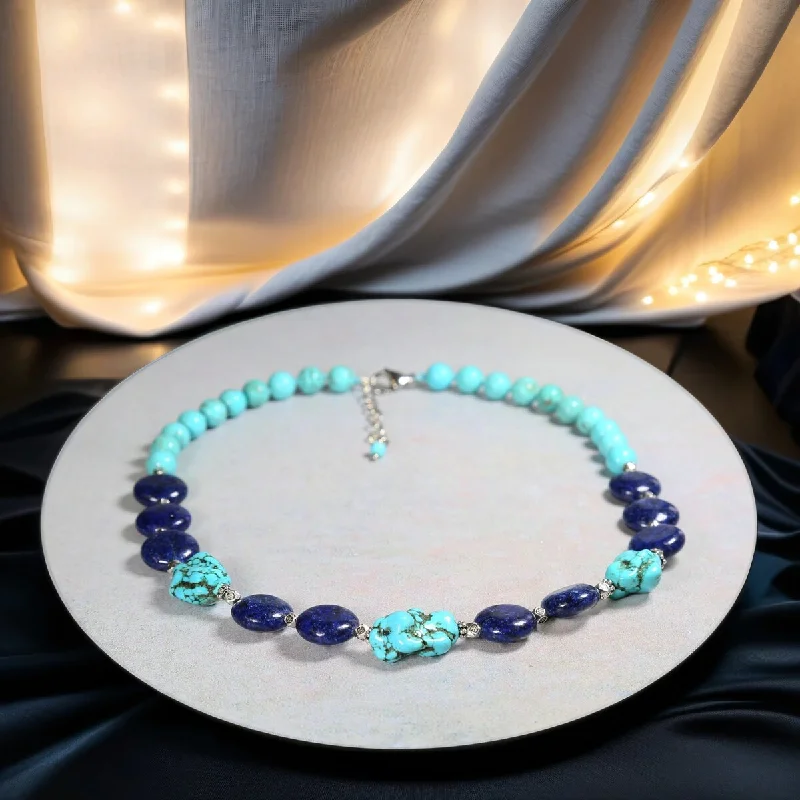 Magnesite Turquoise and Lapis Hand Knotted Necklace