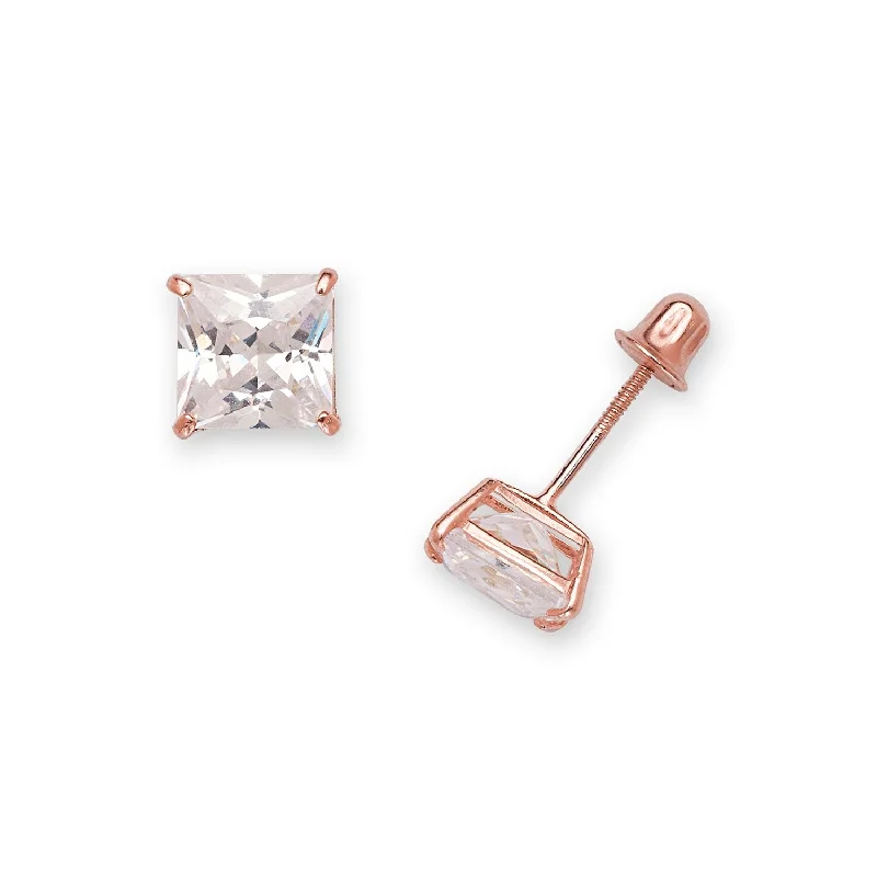 Light wood earrings-Curata 14k Rose Gold 6 mm Princess-cut Square Cubic Zirconia Screw-back Stud Earring - Pink