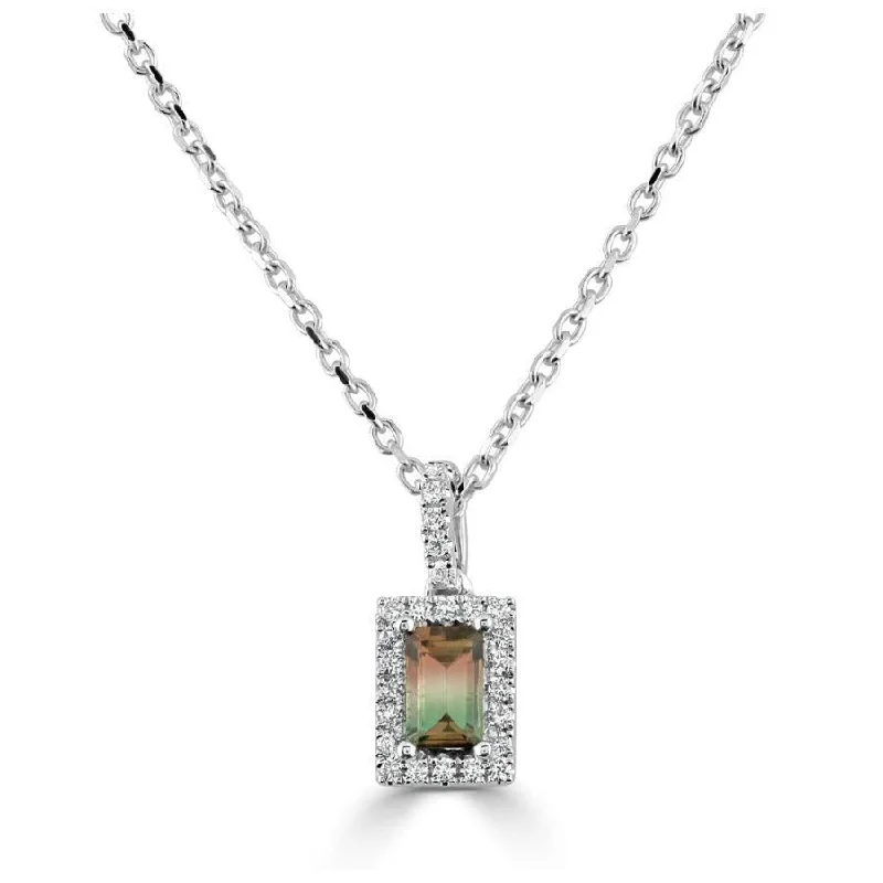 Dainty diamond engagement rings-18ct White Gold Rectangular Cut Watermelon Tourmaline & Diamond Cluster Pendant & Chain