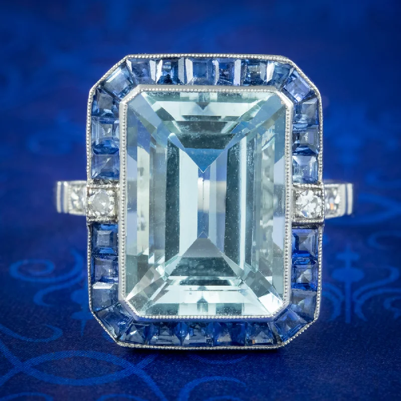 Radiant star rings-Art Deco Style Aquamarine Sapphire Diamond Cocktail Ring 7.29ct Aqua